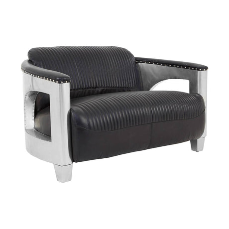 Black leather two-seat sofa featuring sleek silver armrests and a modern design. The sofa has a low back and plush seating, with a streamlined silhouette that complements contemporary decor