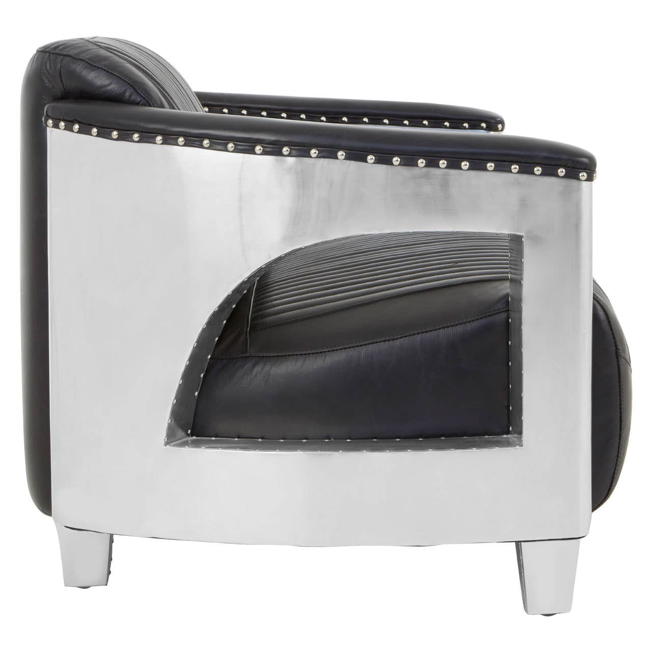 Black leather two-seat sofa featuring a sleek design with chrome accents and a unique cut-out detail on the sides. The sofa is supported by sturdy legs and has decorative nailhead trim along the backrest