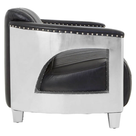 Black leather two-seat sofa featuring a sleek design with chrome accents and a unique cut-out detail on the sides. The sofa is supported by sturdy legs and has decorative nailhead trim along the backrest