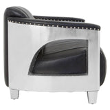 Black leather two-seat sofa featuring a sleek design with chrome accents and a unique cut-out detail on the sides. The sofa is supported by sturdy legs and has decorative nailhead trim along the backrest