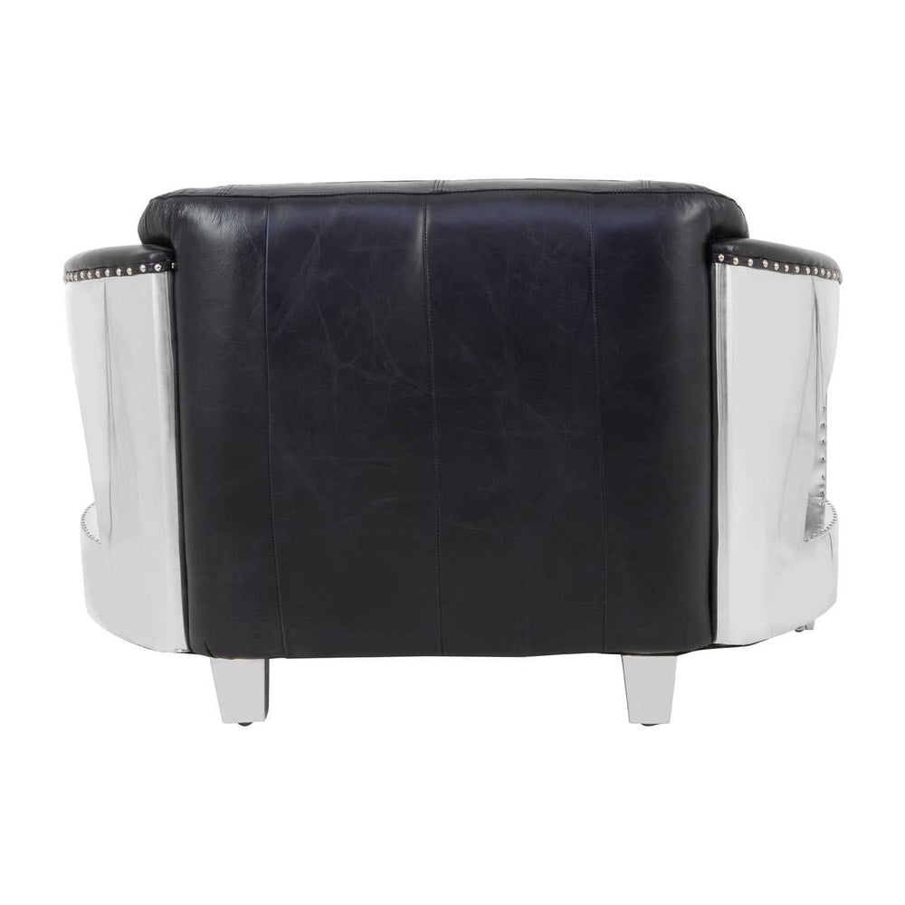 Black leather two-seat sofa with sleek chrome legs and modern design, featuring a low back and rounded armrests. The upholstery appears smooth and polished, emphasizing a contemporary aesthetic