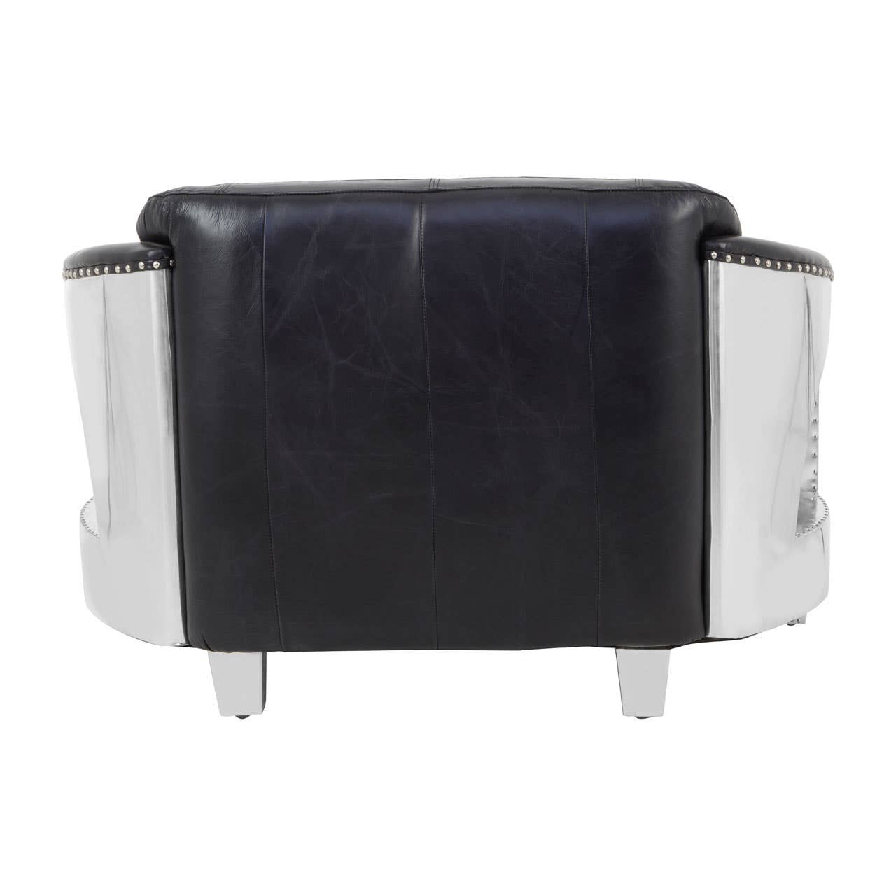 Black leather two-seat sofa with sleek chrome legs and modern design, featuring a low back and rounded armrests. The upholstery appears smooth and polished, emphasizing a contemporary aesthetic
