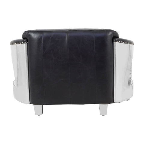 Black leather two-seat sofa with sleek chrome legs and modern design, featuring a low back and rounded armrests. The upholstery appears smooth and polished, emphasizing a contemporary aesthetic