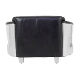 Black leather two-seat sofa with sleek chrome legs and modern design, featuring a low back and rounded armrests. The upholstery appears smooth and polished, emphasizing a contemporary aesthetic