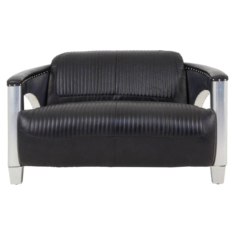 Black leather two-seat sofa with a sleek design, featuring padded backrests and armrests, supported by shiny silver metal legs. The sofa has a modern look with a smooth finish and subtle stitching details