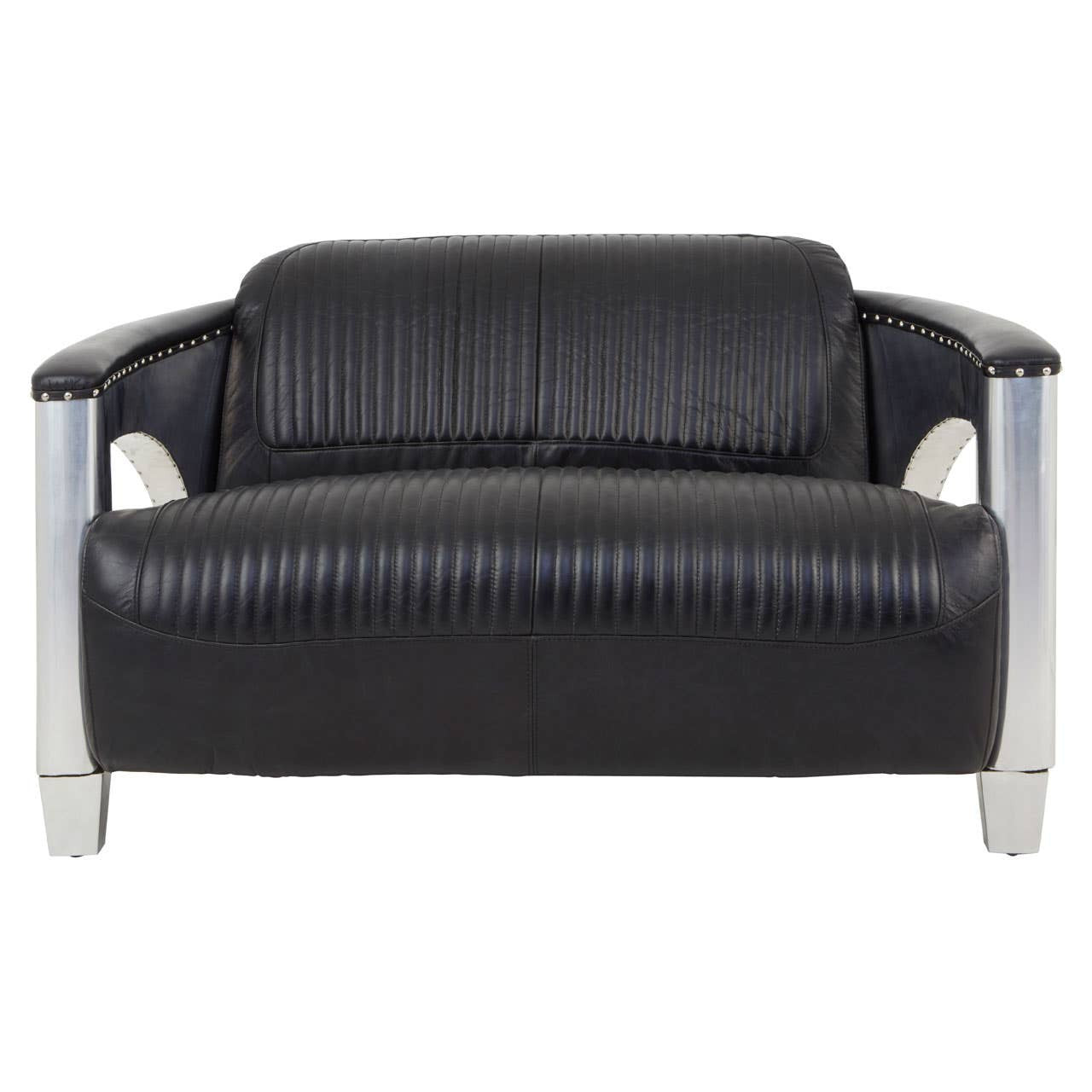 Black leather two-seat sofa with a sleek design, featuring padded backrests and armrests, supported by shiny silver metal legs. The sofa has a modern look with a smooth finish and subtle stitching details
