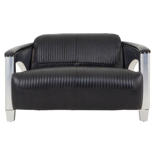 Black leather two-seat sofa with a sleek design, featuring padded backrests and armrests, supported by shiny silver metal legs. The sofa has a modern look with a smooth finish and subtle stitching details