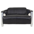 Black leather two-seat sofa with a sleek design, featuring padded backrests and armrests, supported by shiny silver metal legs. The sofa has a modern look with a smooth finish and subtle stitching details