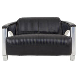 Black leather two-seat sofa with a sleek design, featuring padded backrests and armrests, supported by shiny silver metal legs. The sofa has a modern look with a smooth finish and subtle stitching details