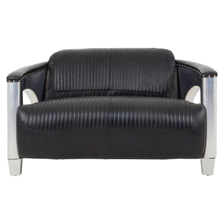Black leather two-seat sofa with a sleek design, featuring padded backrests and armrests, supported by shiny silver metal legs. The sofa has a modern look with a smooth finish and subtle stitching details
