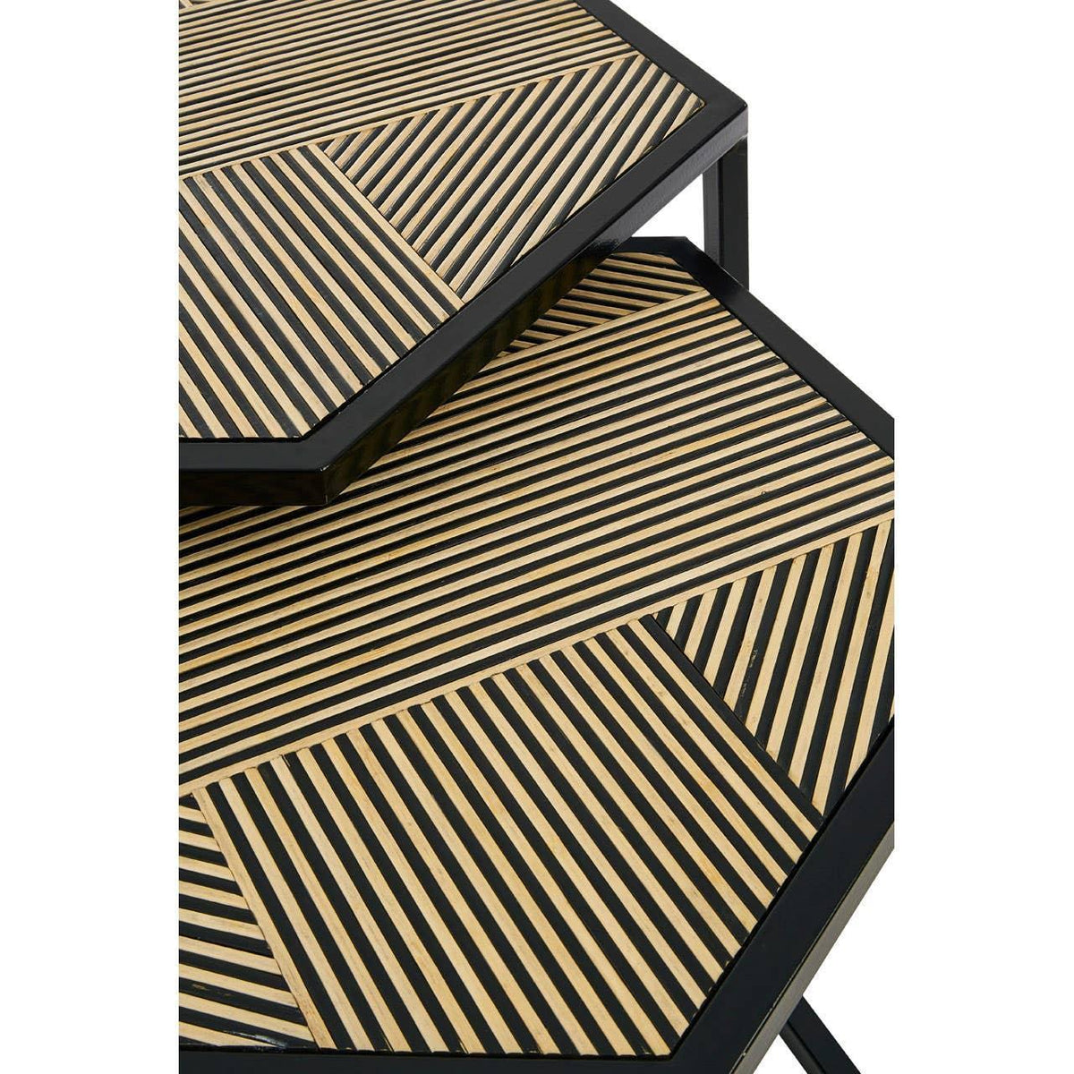 Geometric wood and black metal nesting tables with striped veneer top surfaces