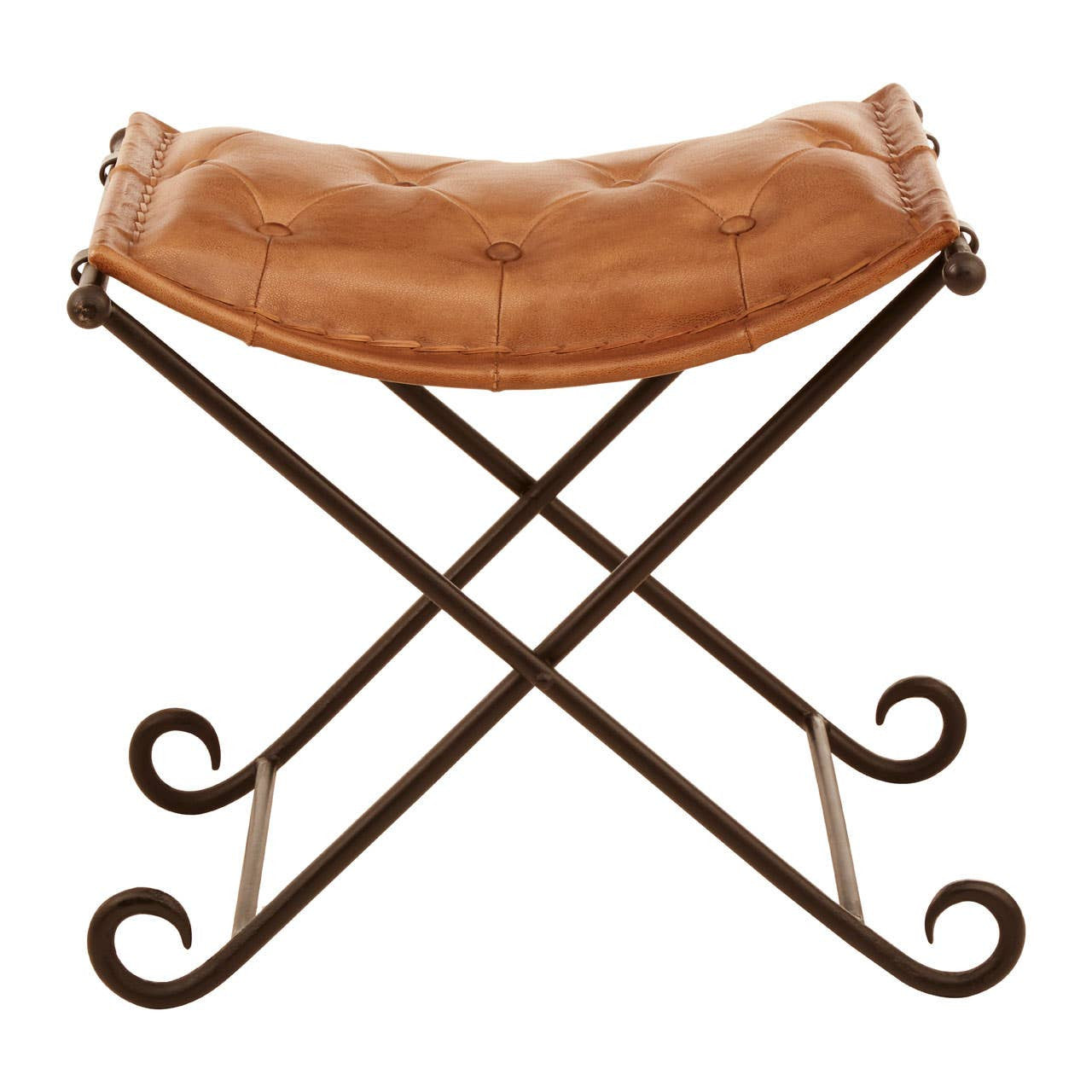 Buffalo brown leather folding stool with a curved seat and a sturdy iron frame featuring decorative scrollwork on the legs, designed for both style and functionality