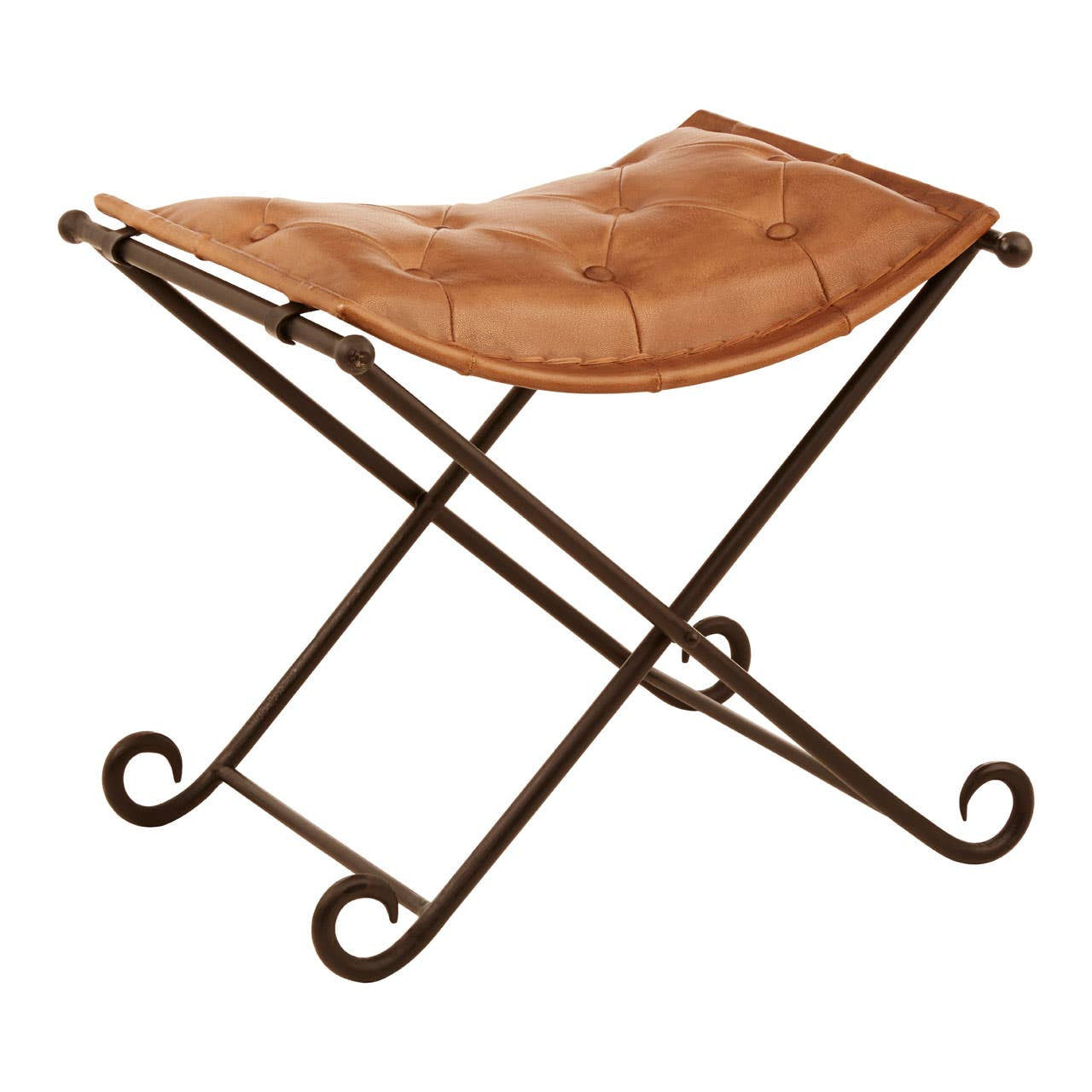 Buffalo brown leather folding stool with a curved seat and iron frame, featuring an X-shaped base and decorative scroll details on the legs