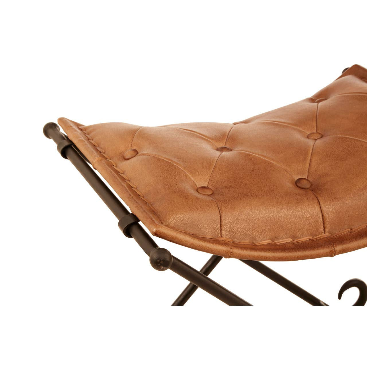 Buffalo brown leather folding stool with a tufted seat and a sturdy iron frame, showcasing a sleek design that combines comfort and style. The stool is partially folded, highlighting its compactness and versatility for various spaces