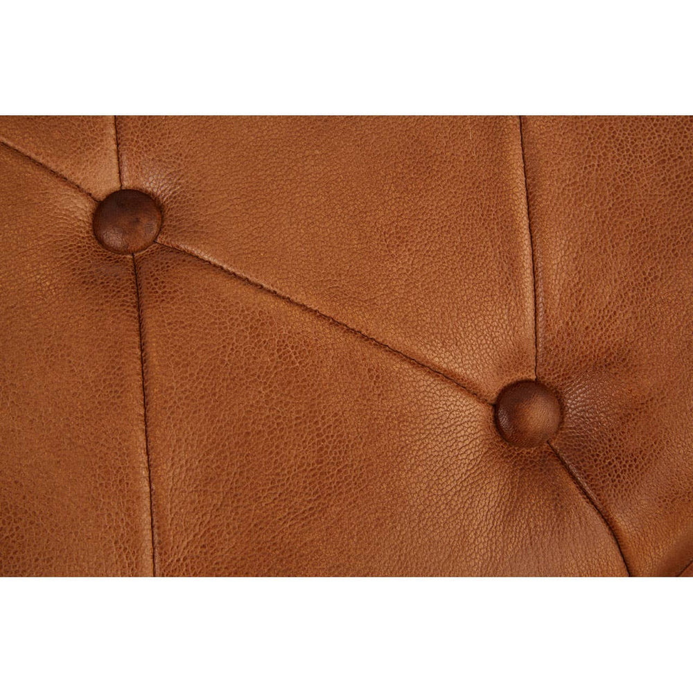Buffalo brown leather upholstery with a tufted design featuring two prominent buttons, showcasing a warm, rich color and smooth texture. The stool's edges are neatly finished, highlighting its quality craftsmanship