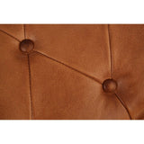 Buffalo brown leather upholstery with a tufted design featuring two prominent buttons, showcasing a warm, rich color and smooth texture. The stool's edges are neatly finished, highlighting its quality craftsmanship