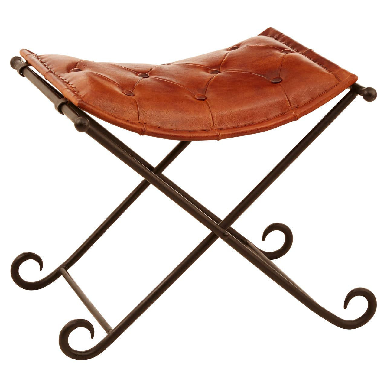 Buffalo tan leather seat with a curved design resting on a dark iron frame featuring decorative scrollwork, showcasing a folding mechanism for easy storage
