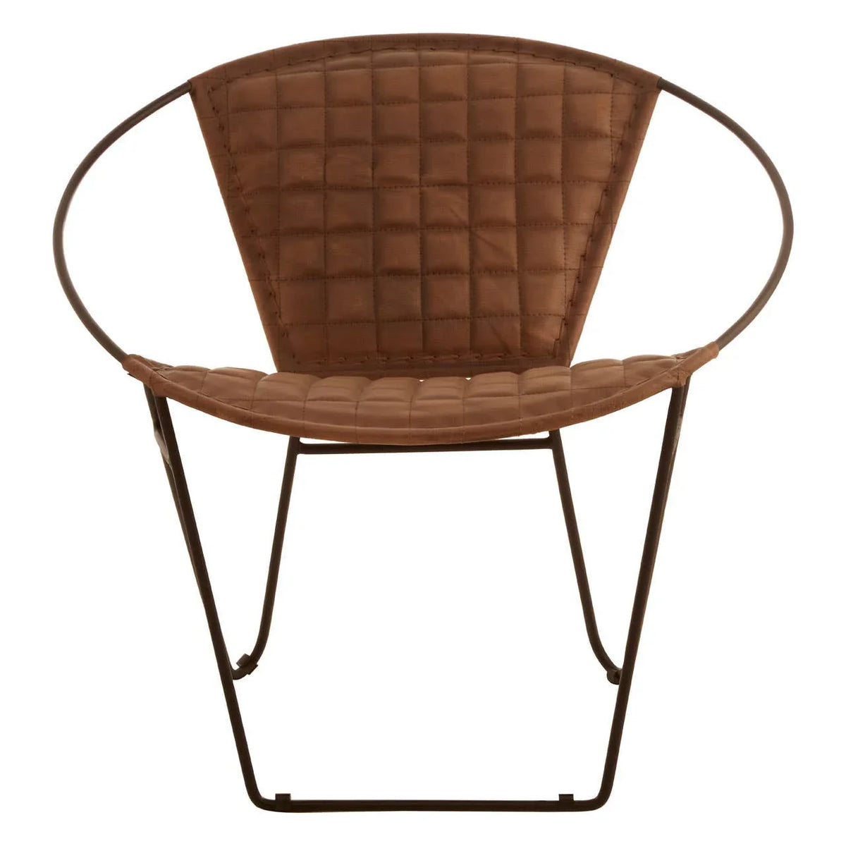 Brown quilted accent chair with metal frame and curved armrests, front view