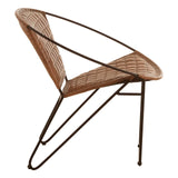 Contemporary brown leather dining chair with quilted seat and black metal frame, side view