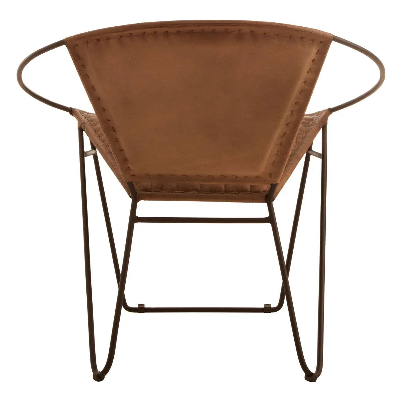 Brown leather accent chair with metal frame, rear view showing curved back and stitching