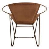 Brown leather accent chair with metal frame, rear view showing curved back and stitching