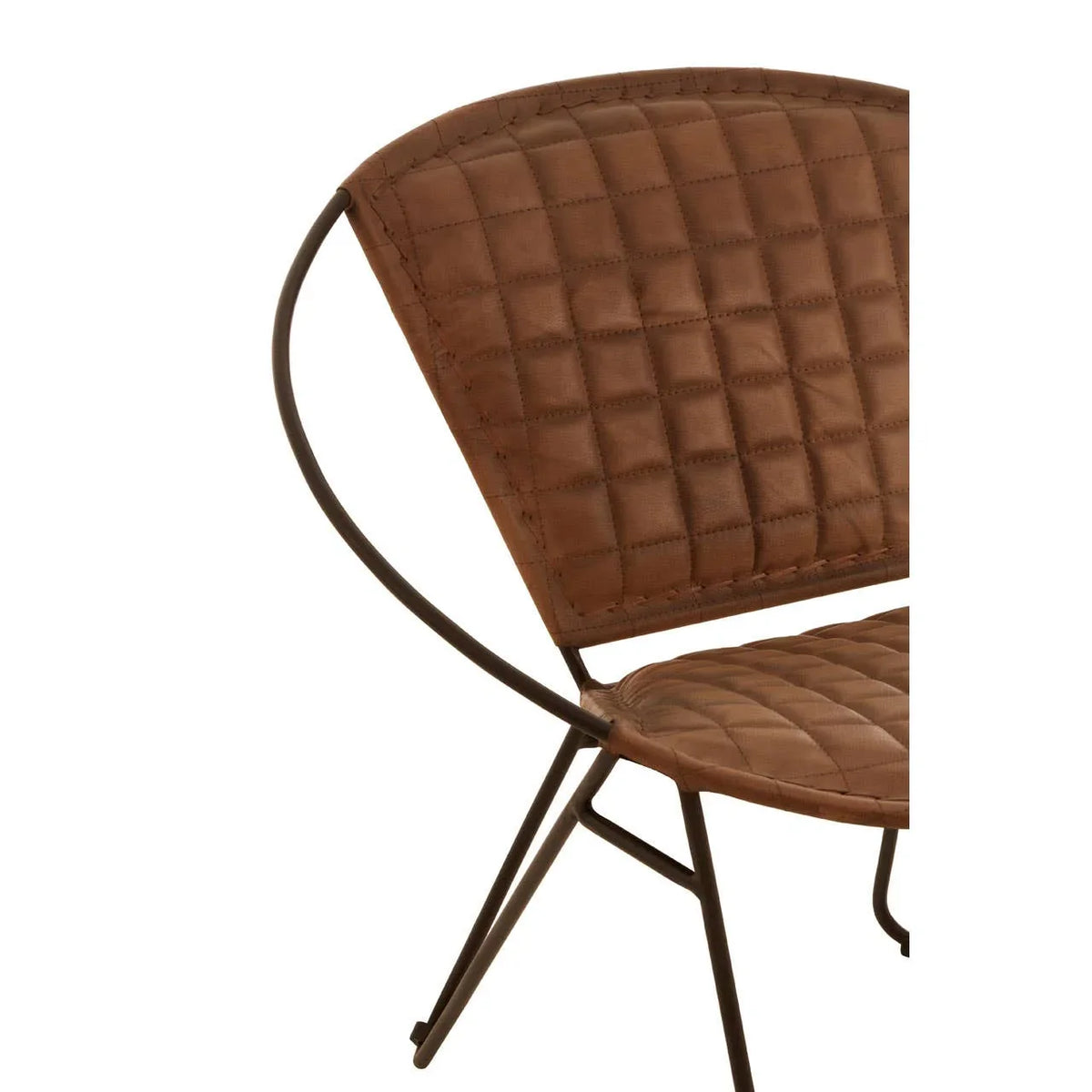 Brown quilted leather dining chair with black metal frame, angled side view