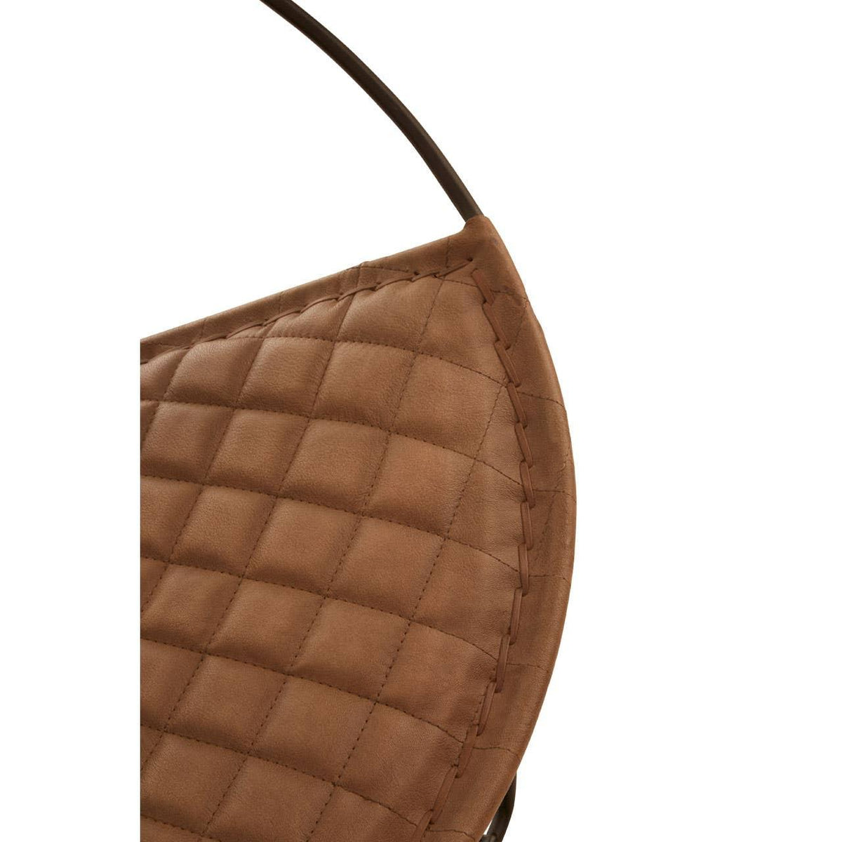 Closeup of brown quilted leather chair backrest with visible stitching and metal frame