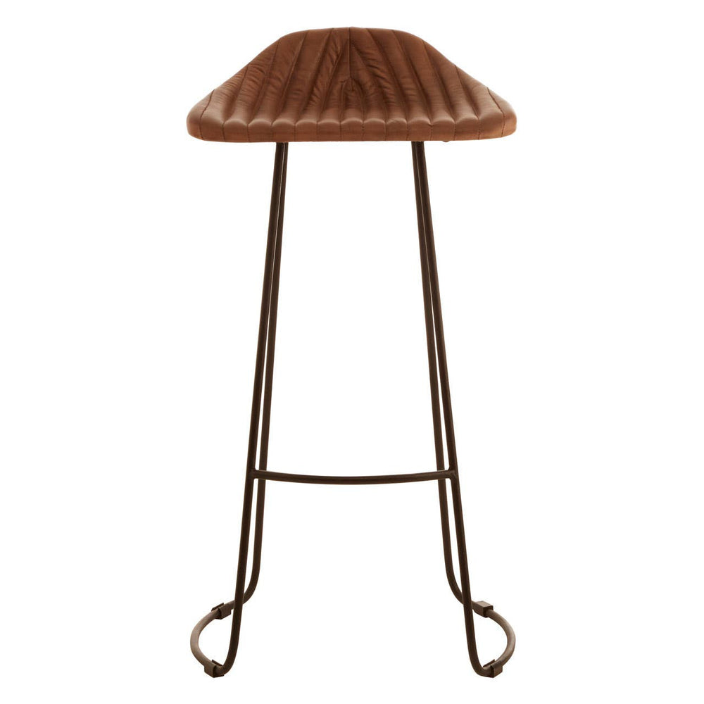Buffalo brown leather bar stool with a curved, ribbed seat and slender metal legs featuring a crossbar for added support. The stool has a rustic design that complements modern and traditional decor