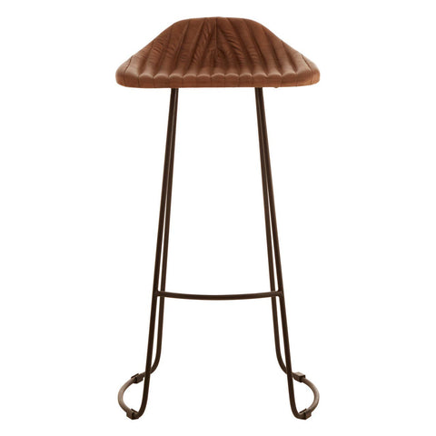 Buffalo brown leather bar stool with a curved, ribbed seat and slender metal legs featuring a crossbar for added support. The stool has a rustic design that complements modern and traditional decor