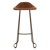 Buffalo brown leather bar stool with a curved, ribbed seat and slender metal legs featuring a crossbar for added support. The stool has a rustic design that complements modern and traditional decor