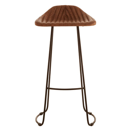Buffalo brown leather bar stool with a curved, ribbed seat and slender metal legs featuring a crossbar for added support. The stool has a rustic design that complements modern and traditional decor