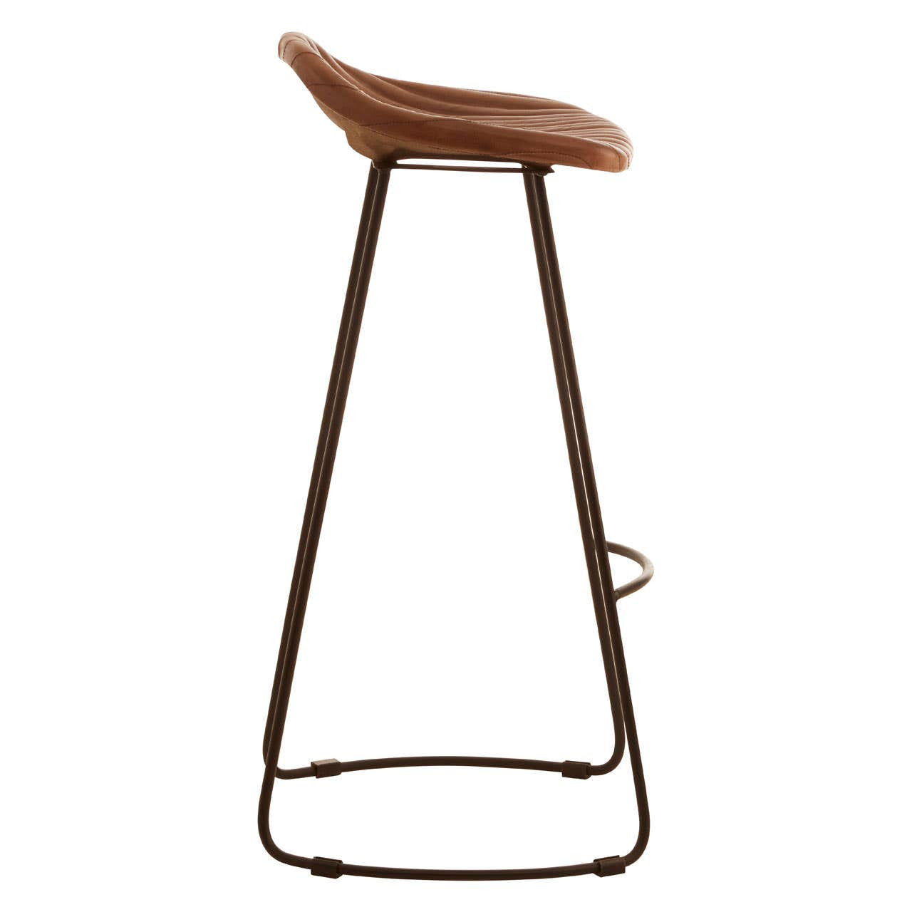 Buffalo brown leather bar stool with a curved seat and a sleek metal frame, featuring a footrest and a minimalist design