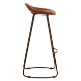 Buffalo brown leather bar stool with a curved seat and a sleek metal frame, featuring a footrest and a minimalist design