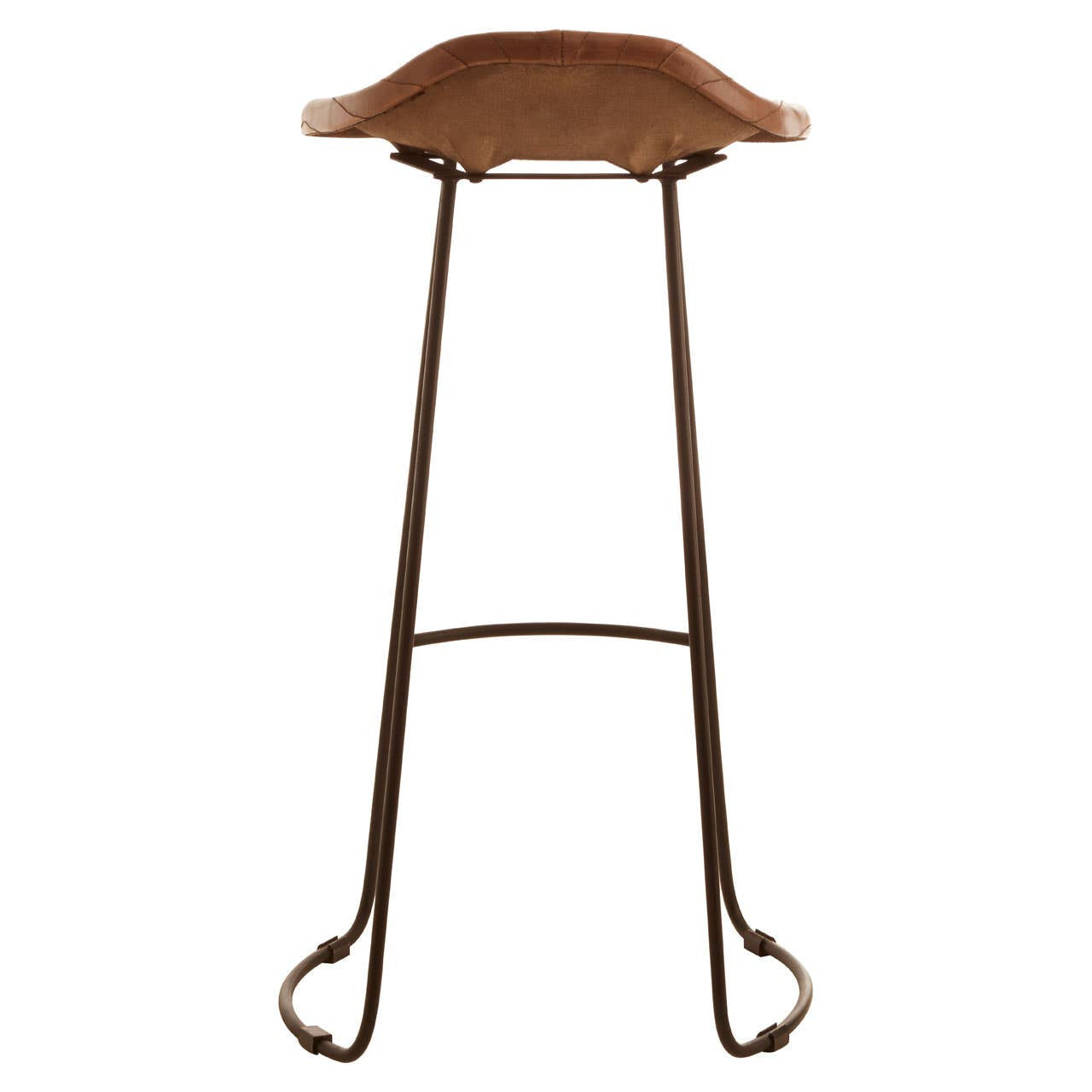 Buffalo brown leather bar stool with a curved seat and slender metal legs, featuring a minimalist design and a rustic finish