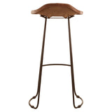 Buffalo brown leather bar stool with a curved seat and slender metal legs, featuring a minimalist design and a rustic finish