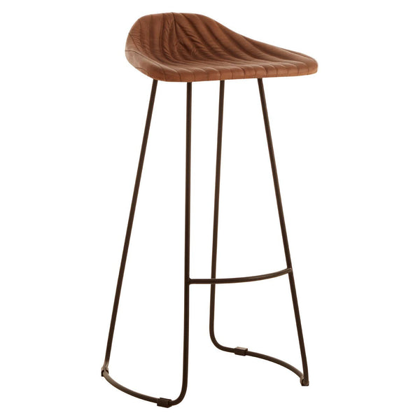 Buffalo brown leather bar stool with a curved seat and vertical ribbed design, supported by a sleek metal frame with a minimalist style