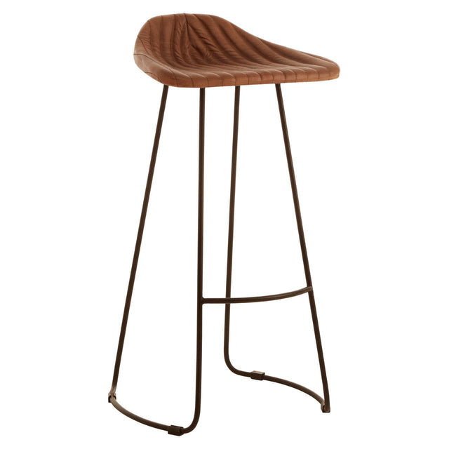 Buffalo brown leather bar stool with a curved seat and vertical ribbed design, supported by a sleek metal frame with a minimalist style