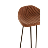 Buffalo brown leather bar stool featuring a curved, textured seat with horizontal grooves and slender black metal legs