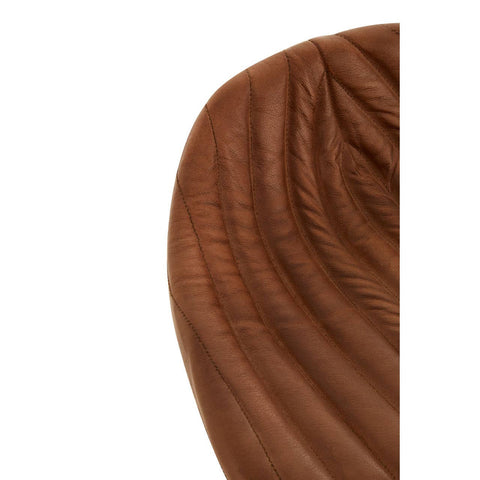 Buffalo brown leather bar stool featuring a curved, textured seat with horizontal stitching and a smooth finish, showcasing a rich, warm color
