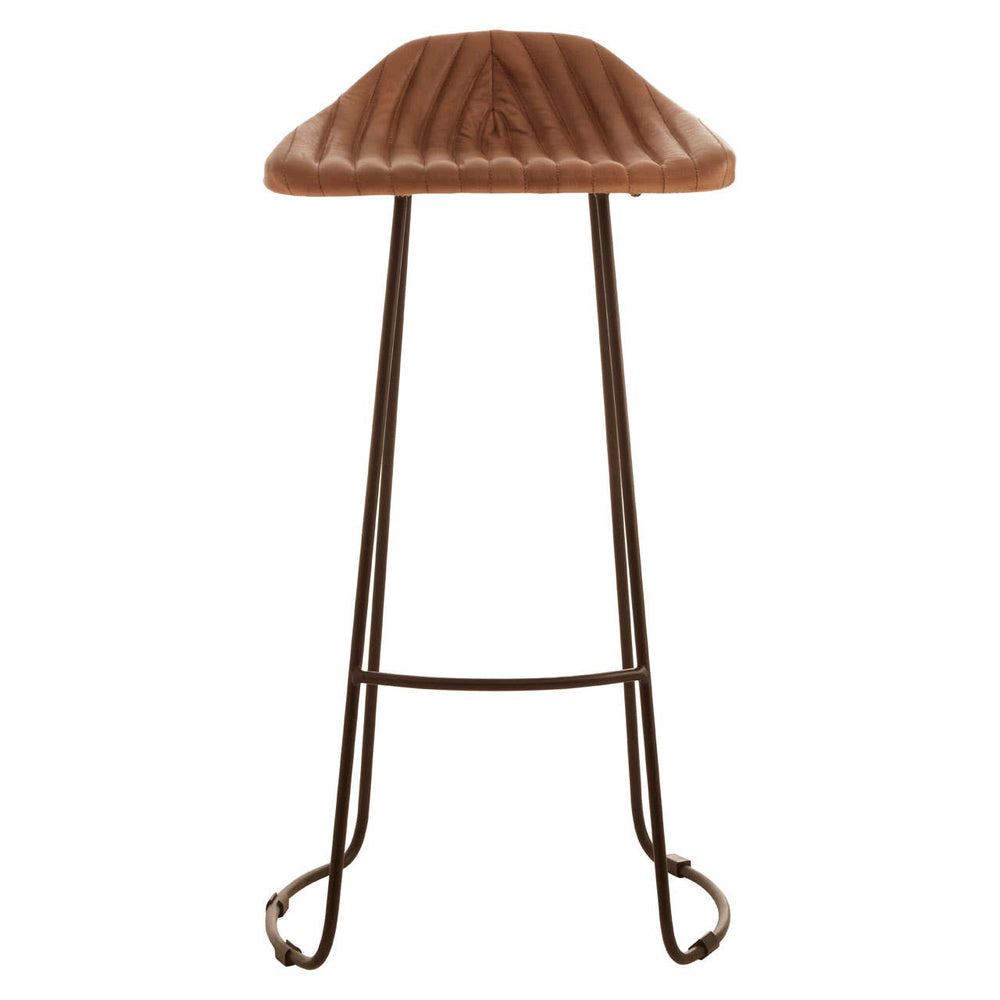 Light brown leather bar stool with a curved, ribbed seat design and a sturdy metal frame featuring a footrest for added comfort. The legs are elegantly shaped, providing stability and a modern aesthetic