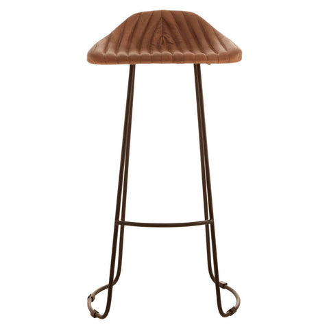 Light brown leather bar stool with a curved, ribbed seat design and a sturdy metal frame featuring a footrest for added comfort. The legs are elegantly shaped, providing stability and a modern aesthetic