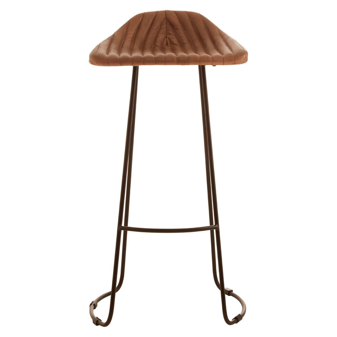 Light brown leather bar stool with a curved, ribbed seat design and a sturdy metal frame featuring a footrest for added comfort. The legs are elegantly shaped, providing stability and a modern aesthetic