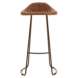 Light brown leather bar stool with a curved, ribbed seat design and a sturdy metal frame featuring a footrest for added comfort. The legs are elegantly shaped, providing stability and a modern aesthetic