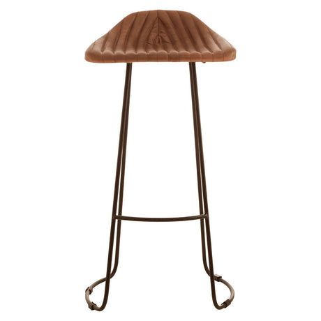 Light brown leather bar stool with a curved, ribbed seat design and a sturdy metal frame featuring a footrest for added comfort. The legs are elegantly shaped, providing stability and a modern aesthetic