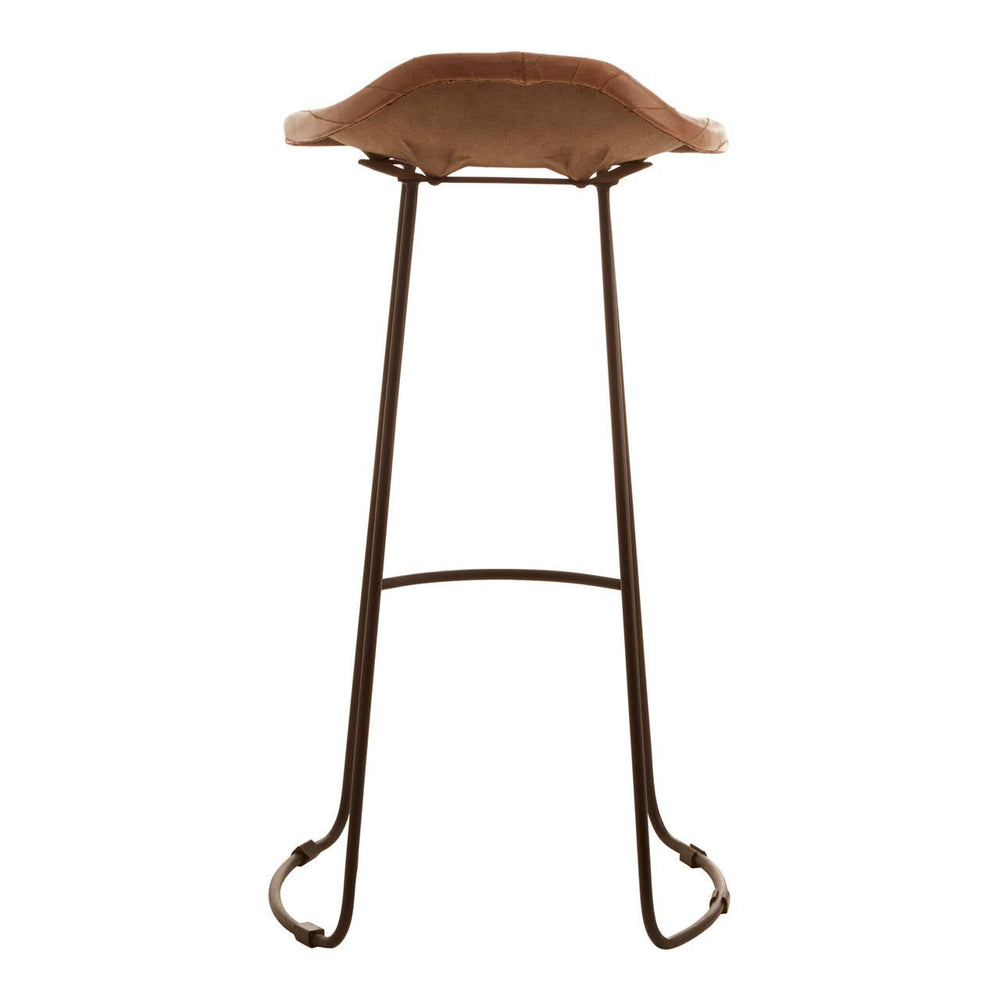 Light brown leather bar stool with a curved seat and a metal frame featuring a footrest, designed for comfortable seating at a bar or counter