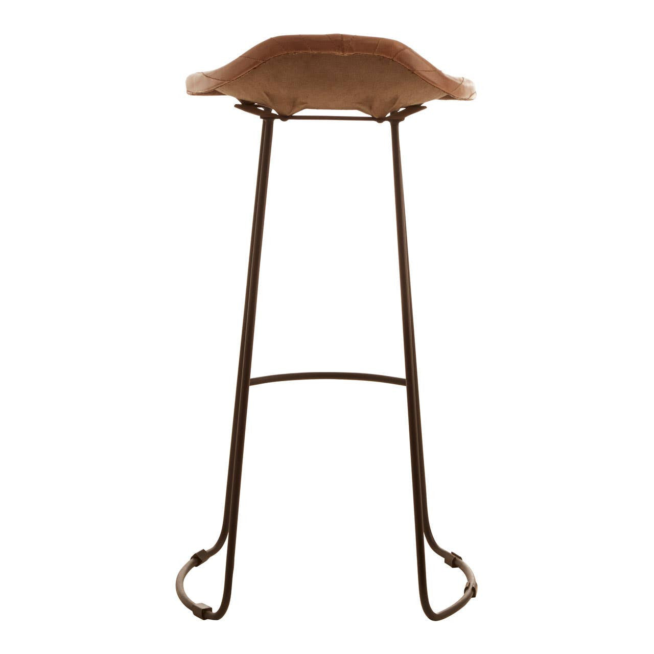 Light brown leather bar stool with a curved seat and a metal frame featuring a footrest, designed for comfortable seating at a bar or counter