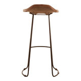 Light brown leather bar stool with a curved seat and a metal frame featuring a footrest, designed for comfortable seating at a bar or counter