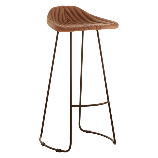 Light brown leather bar stool with a curved, ribbed seat and a metal frame featuring a footrest. The stool has a modern design with slender legs and a minimalist aesthetic, suitable for home or bar settings