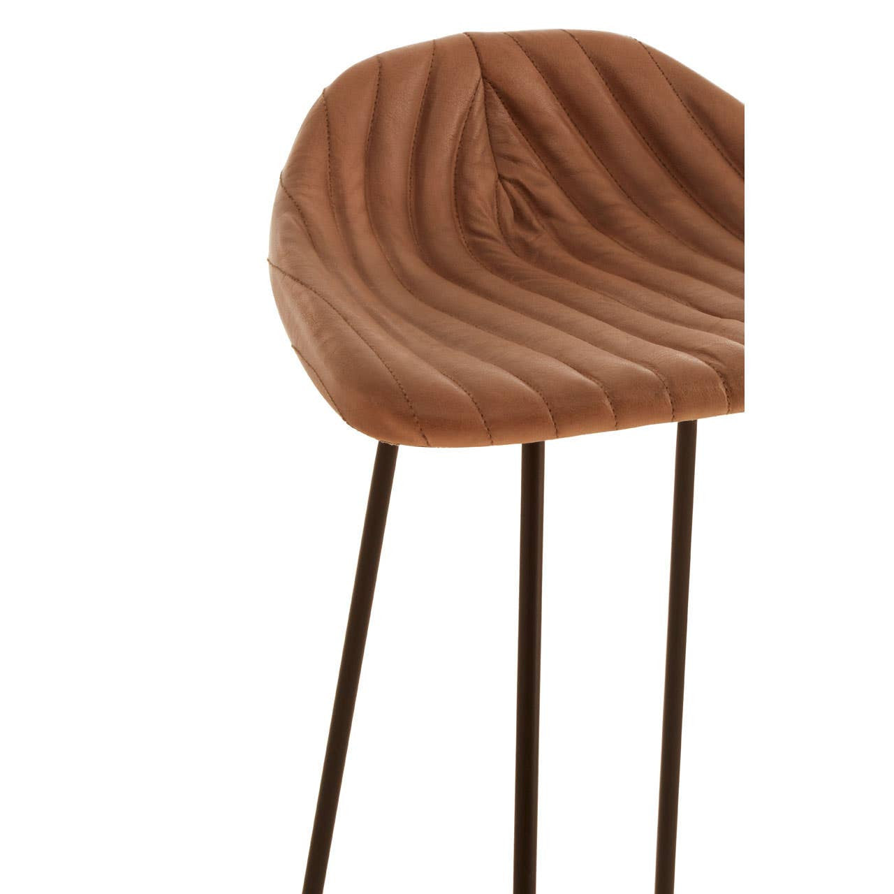 Light brown leather bar stool featuring a curved, textured seat with vertical grooves and a metal footrest, supported by slender black legs