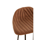 Light brown leather bar stool featuring a quilted design on the seat back and slender black metal legs, with a footrest for added comfort